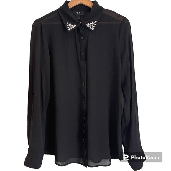 BCX Sheer Button Up Blouse Women's Size M Roll Tab Button Sleeves Embellished Co - Picture 1 of 7